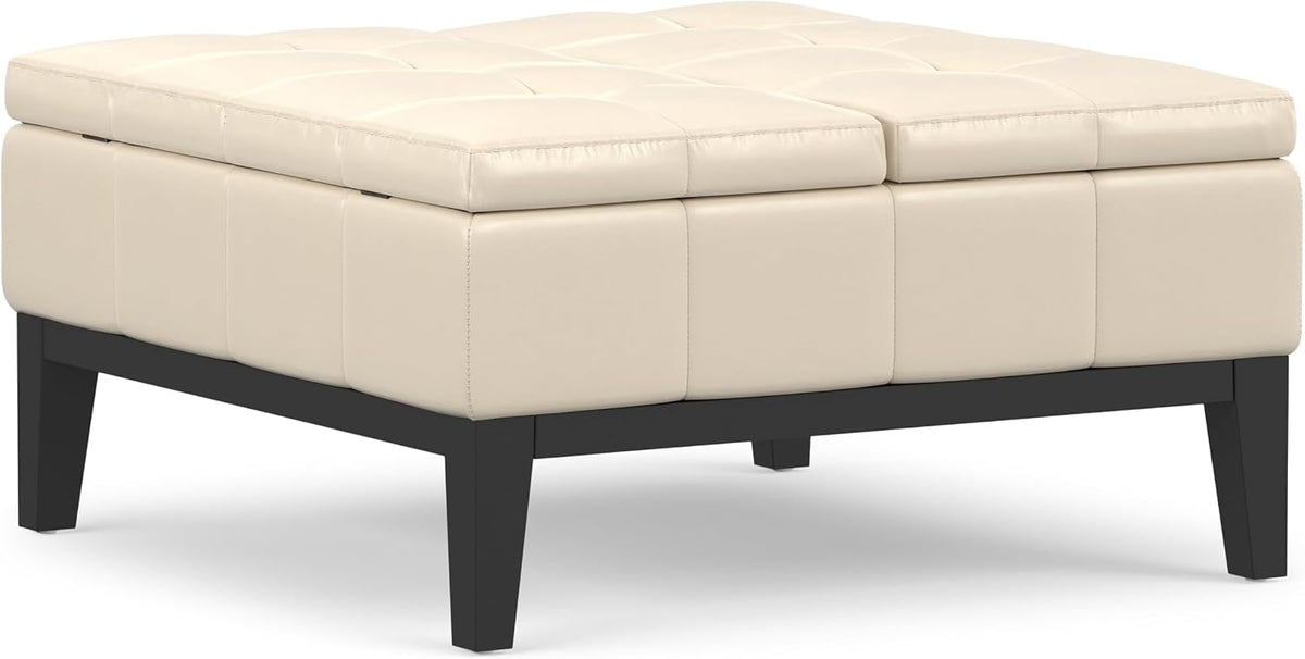 SIMPLIHOME Dover 36" Wide Vegan Leather Storage Ottoman in Satin Cream