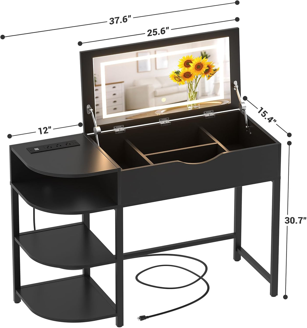 Cyclysio Vanity Desk with Flip Top Mirror and Lights, Black
