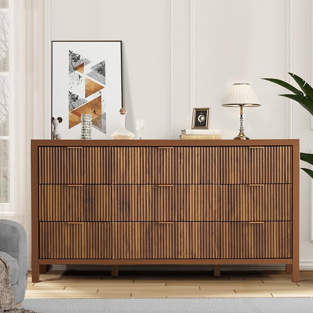 Mid Century Modern Dresser TV Stand, 9 Drawer Dresser for Bedroom Wood, Farmh...