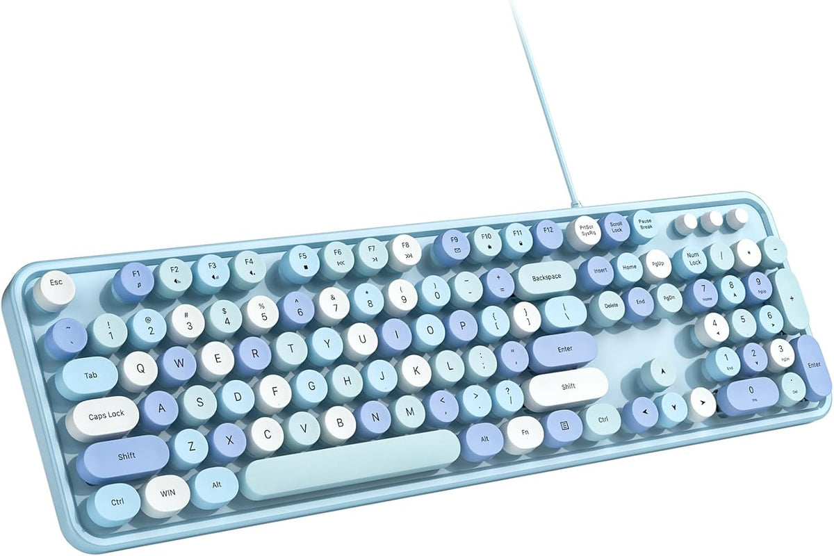 MOWUX Computer Keyboard Wired, Plug and Play USB Retro Round Typewriter Keybo...