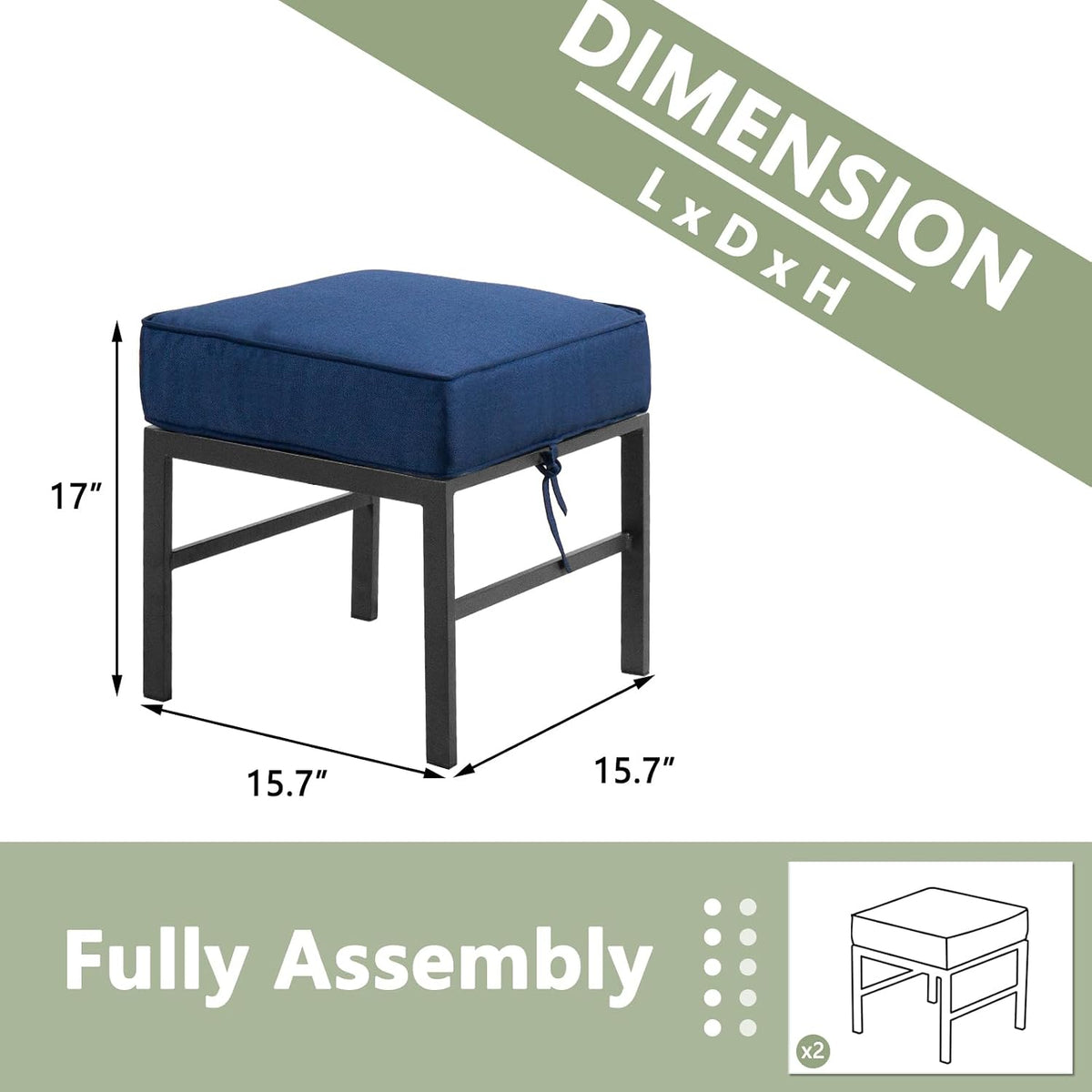 2 Pieces Outdoor Ottomans for Patio, Assembled Patio Ottomans with Bule Cushi...