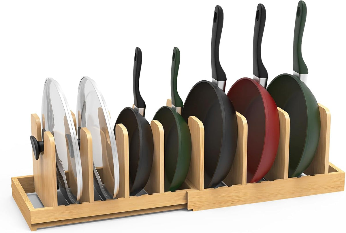 Bamboo Expandable Pot Lid Organizer, Pots and Pans Holder Rack for Cabinet