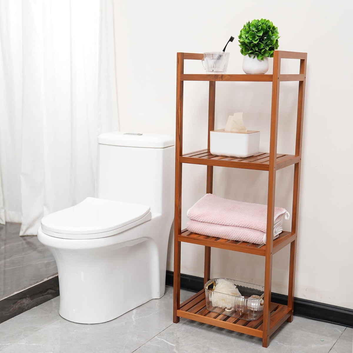 Utoplike Teak Wood Bathroom Shelf Organizer Stand, Standing Shower Caddy