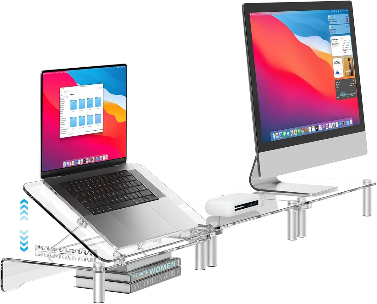 Clear Acrylic Dual Monitor Stand Riser,Laptop Riser Adjustable to 8 Angles