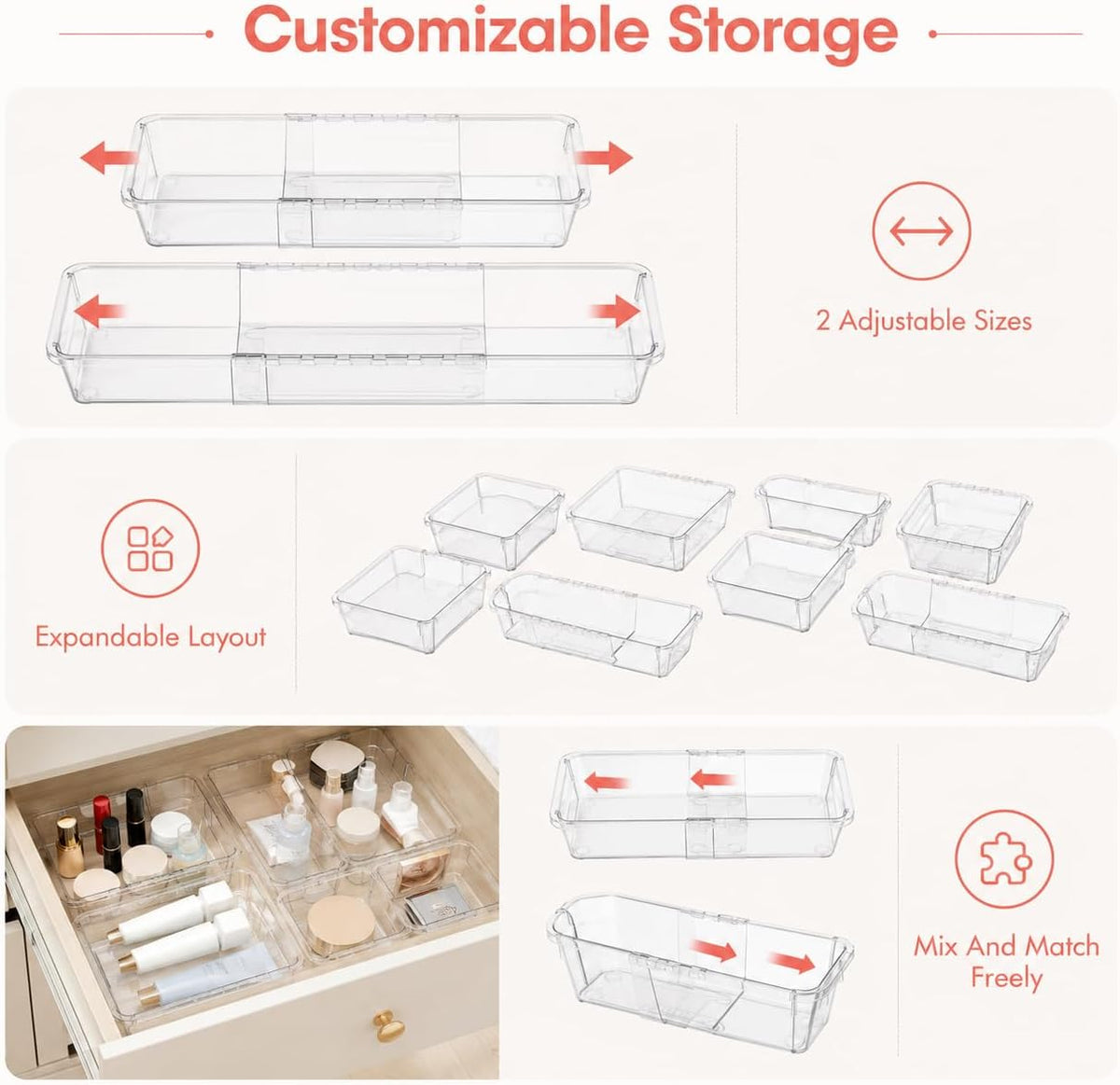 15 Pcs Expandable Drawer Organizer,Adjustable Drawer Organizer,2-Size,Clear