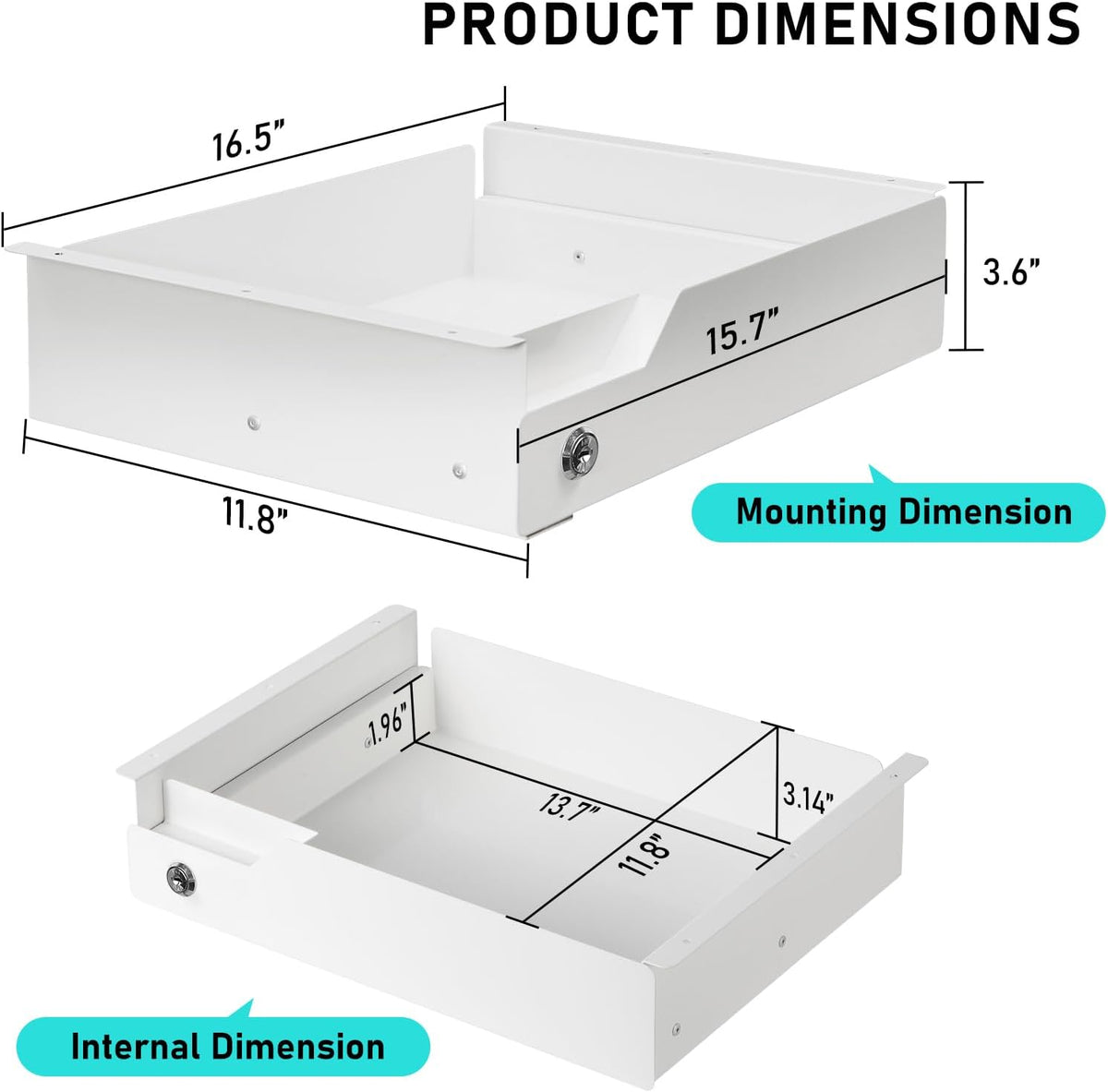 Under Desk Drawer Storage with Lock, Metal Undermount Table Drawer, Ball Bear...