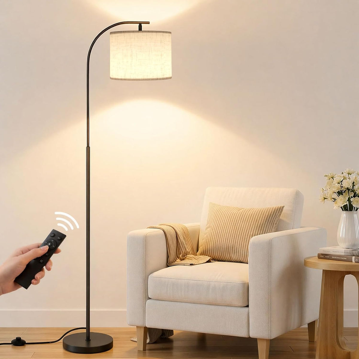 SIBRILLE Floor Lamp with Linen Shade, Arc Dimmable Tall Standing Lamp with Re...