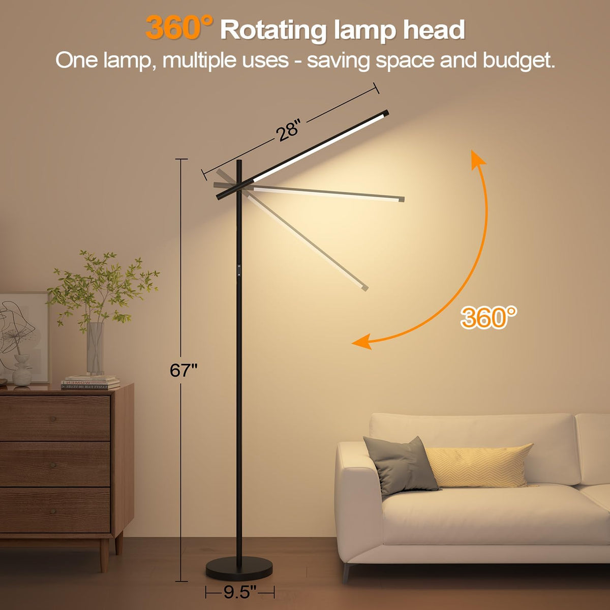 LED Corner Floor Lamp, 360°Rotating Head, Super Bright 1800LM Dimmable Minima...