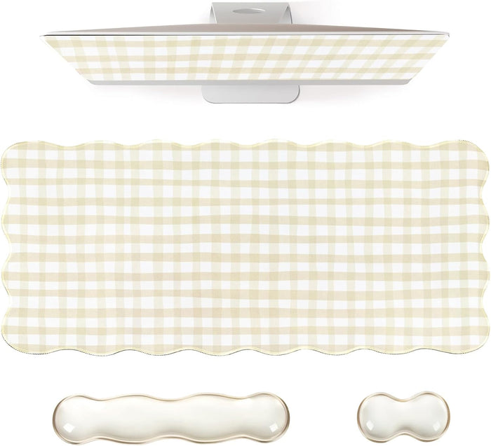 L-SPOUTTO Beige Checkered Mouse Pad Set,Cottagecore Scalloped Desk Mat Set
