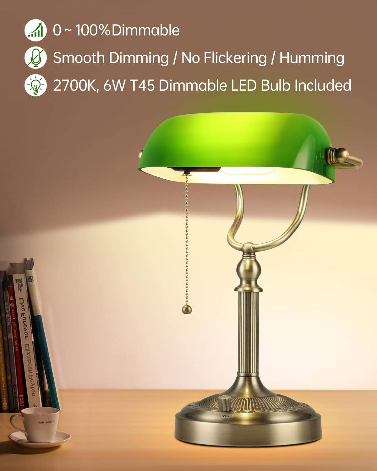 Green Stepless Dimmable Glass Bankers Desk Lamp