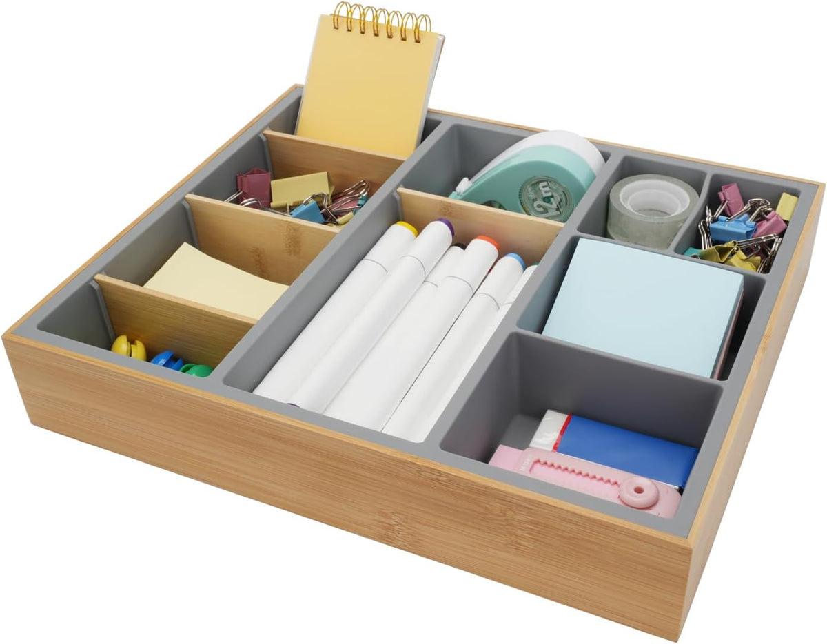 Office Drawer Organizer, Bamboo Desk Drawer Organizer with 4 Removable Divide...