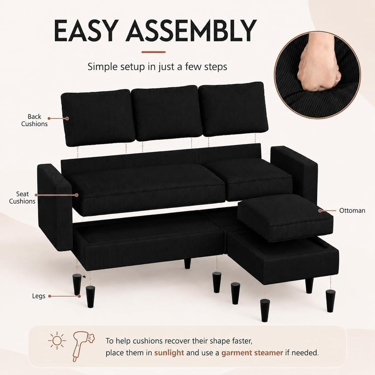 Nuturelly 73.6" L-Shaped Small Sectional Couch with Ottoman, Black