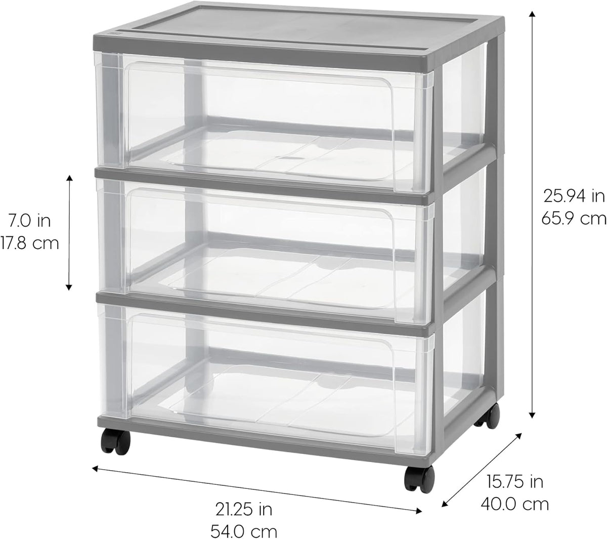IRIS USA 3-Drawer Wide Storage Cart with Wheels, Organizer, Gray