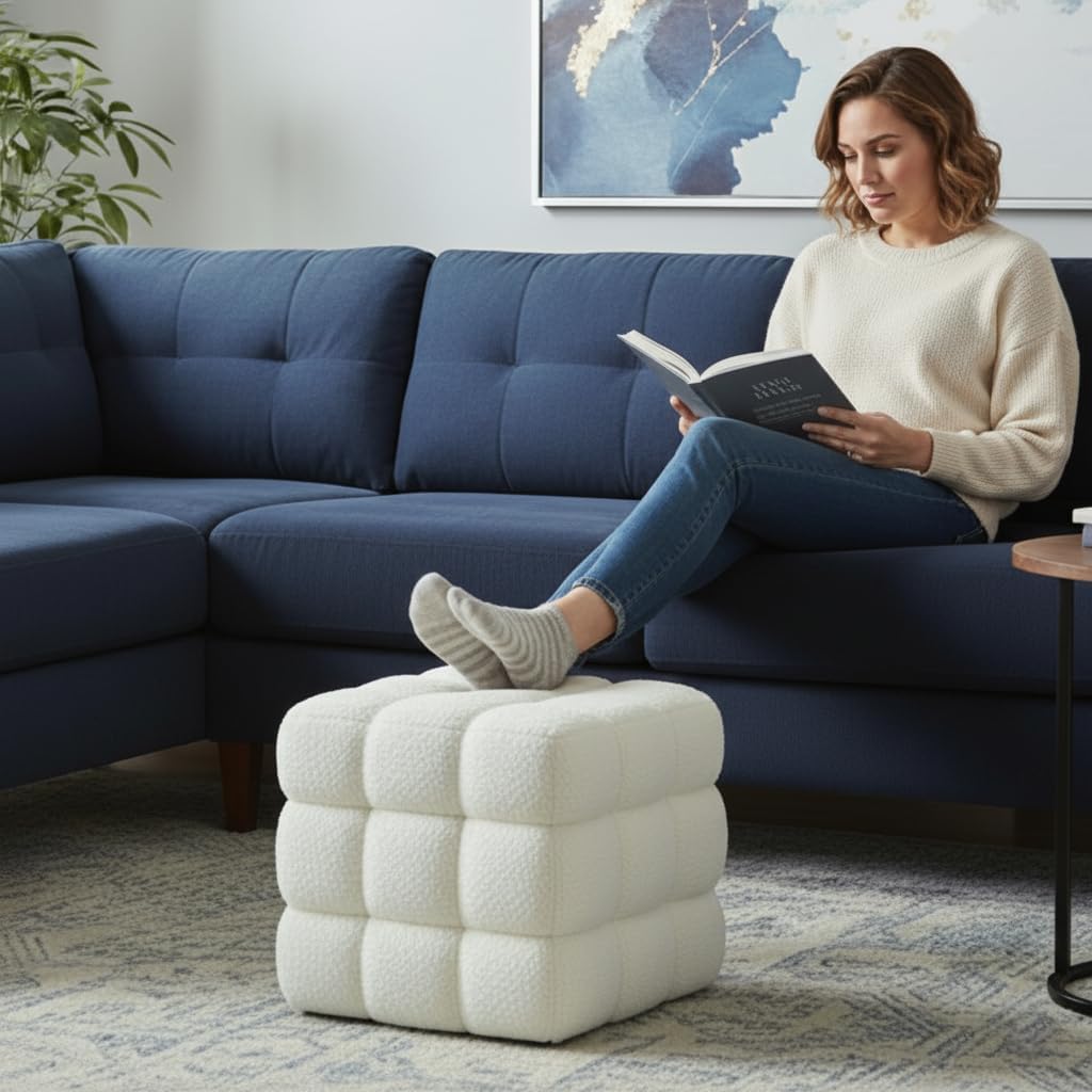White Sherpa Square Ottoman - 17.3" Large Boucle Cube Pouf with Sturdy W...