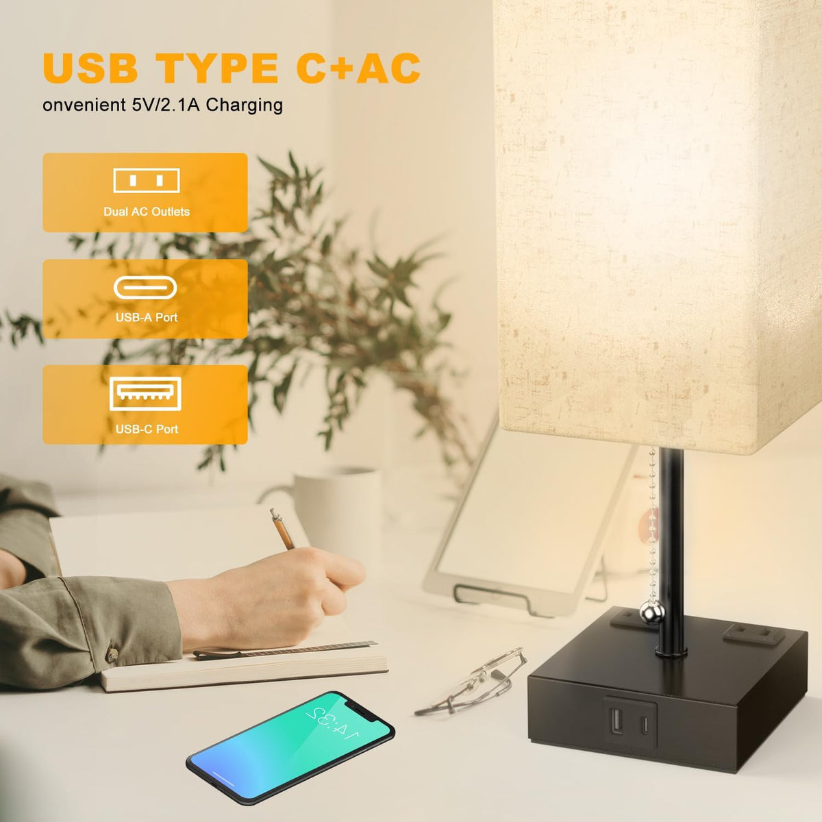 YIDPU Table Lamp for Bedroom with USB,Bedside Lamp with USB C+A Charging Port...