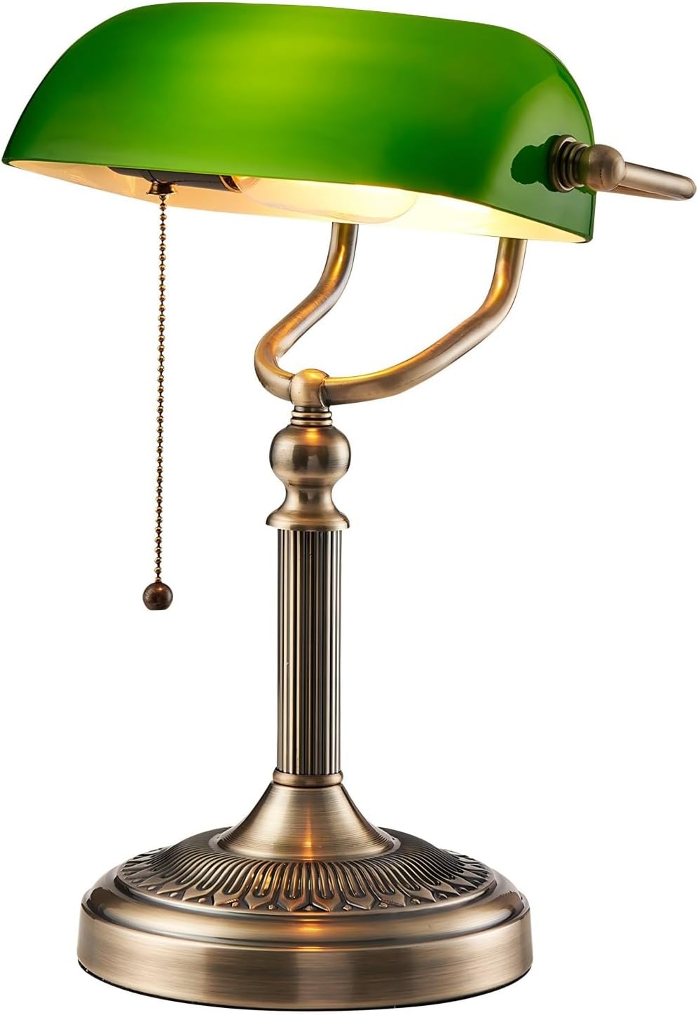 Green Glass Bankers Desk Lamp with Pull Chain Switch Plug in Fixture