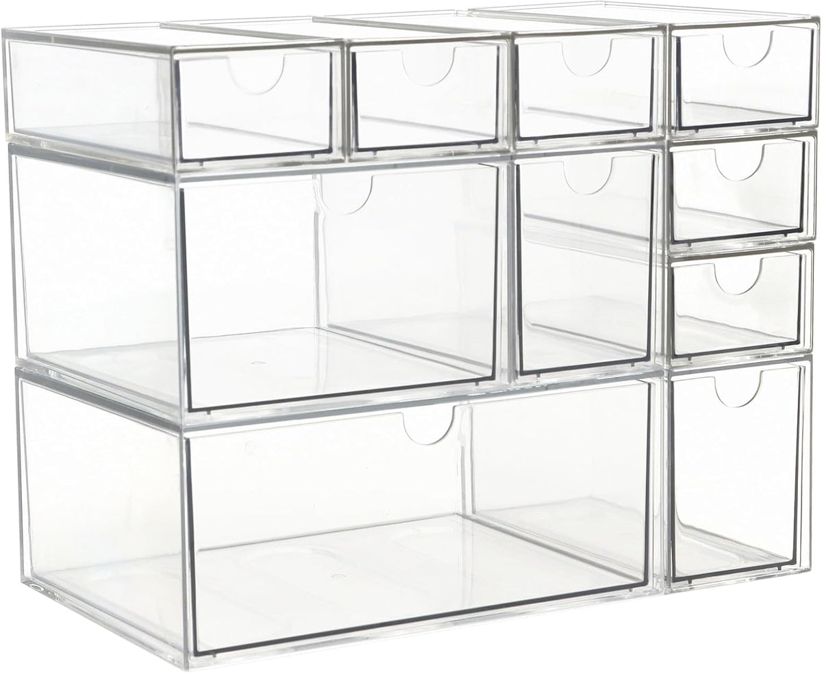 Acrylic Makeup Organizer, 10 Drawers Clear Storage Organizer Desktop Stackabl...