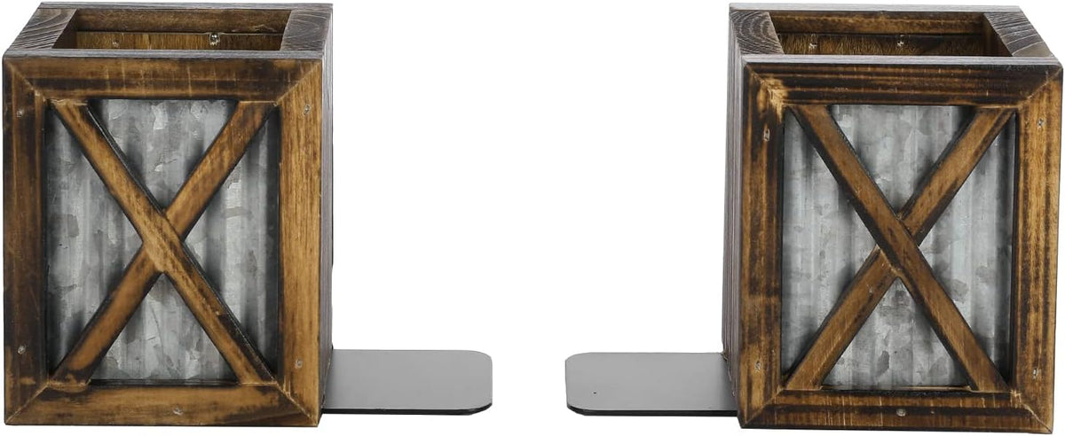 MyGift Rustic Bookends with Pen Holder, Wood & Metal Desk Organizer