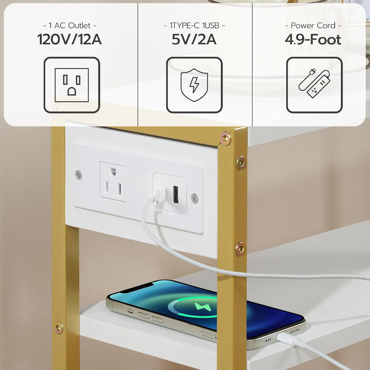 HOOBRO Small Narrow Side Table with Charging Station, Skinny End Table for Sm...
