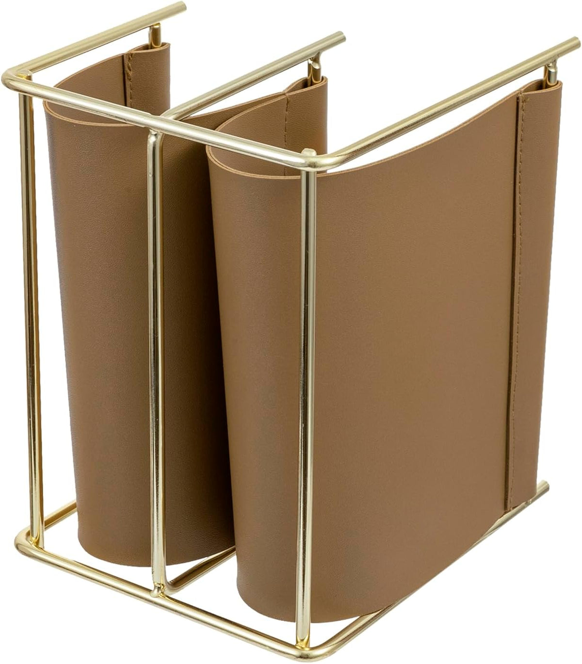 MyGift 2 Slot Modern Mail Holder, Deluxe Brass Tone Metal and Toffee Brown Le...