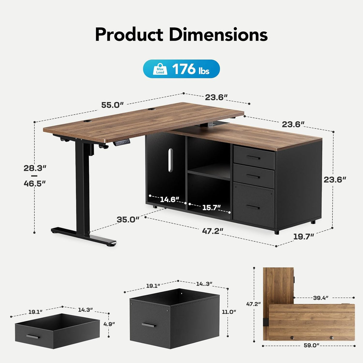HUANUO 55″ L Shaped Standing Desk with Drawers, Height Adjustable,Walnut