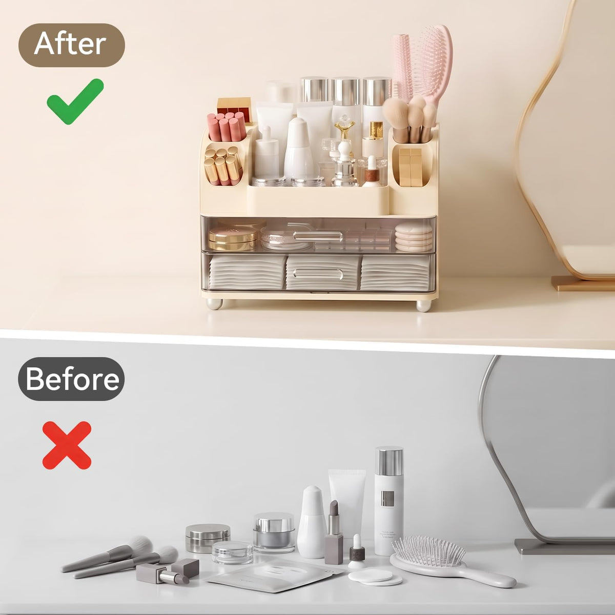 Makeup Organizer for Vanity with 2 Large Drawers and 6 Brush Holders, Cream