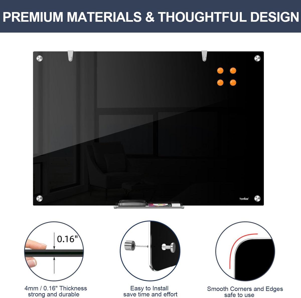 Glass Whiteboard 36x24 Black Magnetic White Board Dry Erase Board for Wall