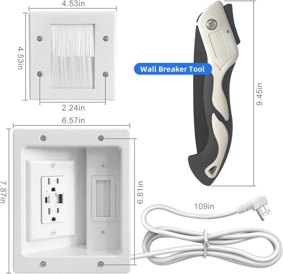 in-Wall Cable Management Kit TV Cord Hider for Wall Dual USB A&C