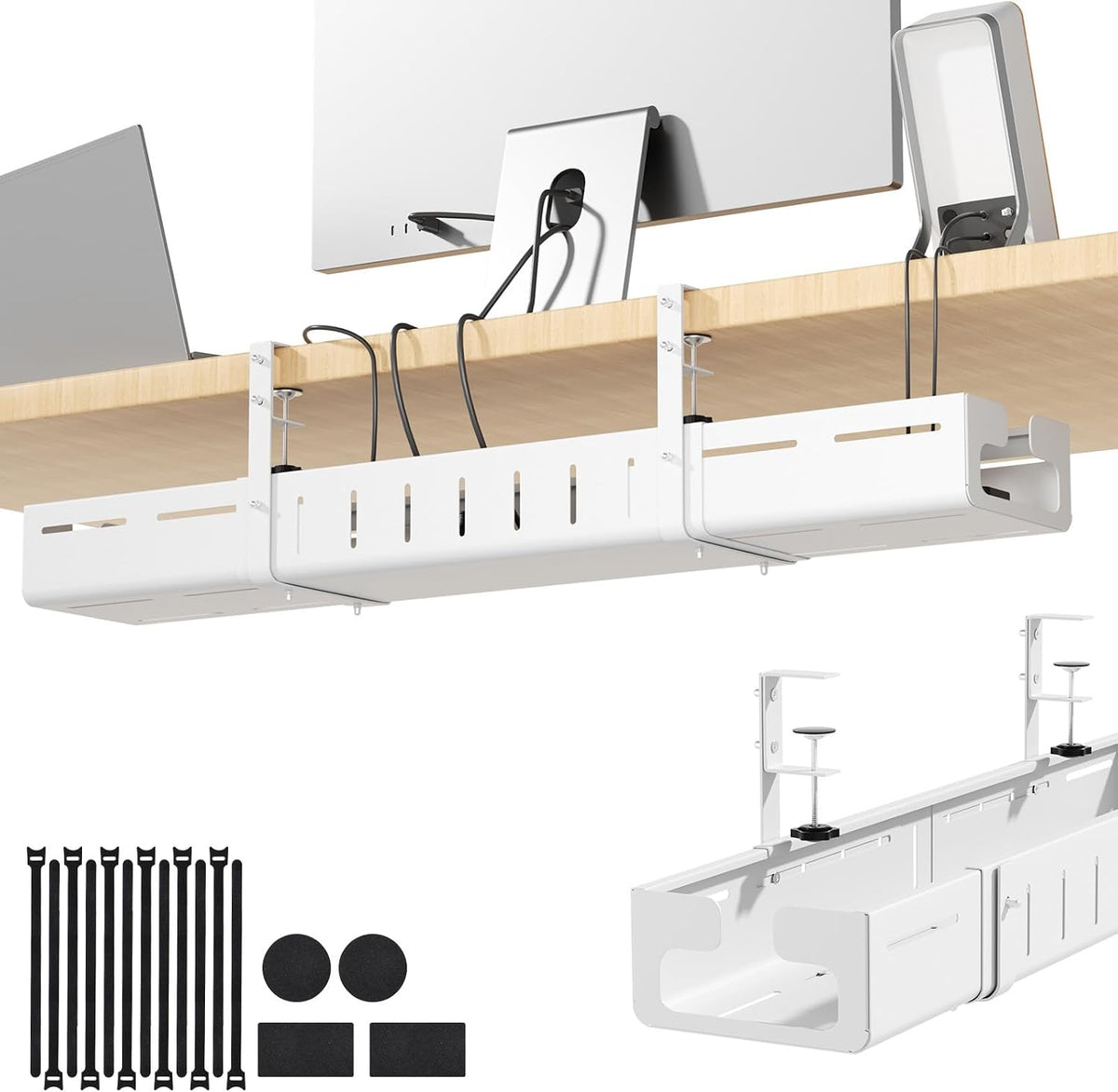 Under Desk Cable Management Tray,Expandable 25.2" – 38.6",White
