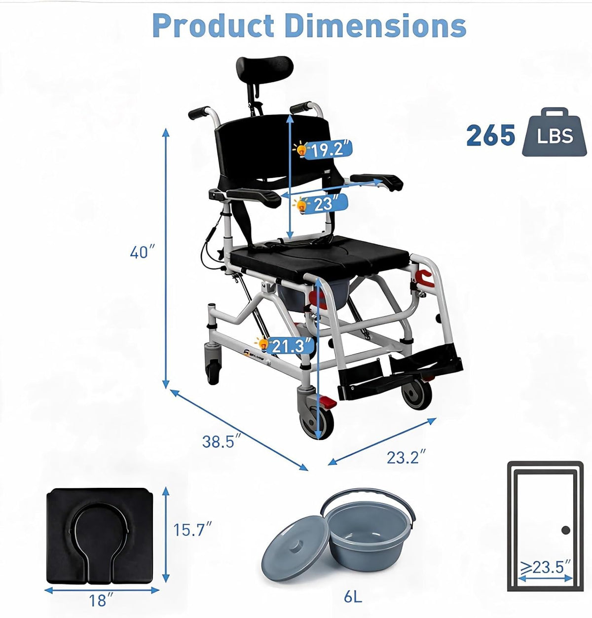 Reclining Rolling Shower Chair with Wheels, Shower Wheelchair for Elderly and...