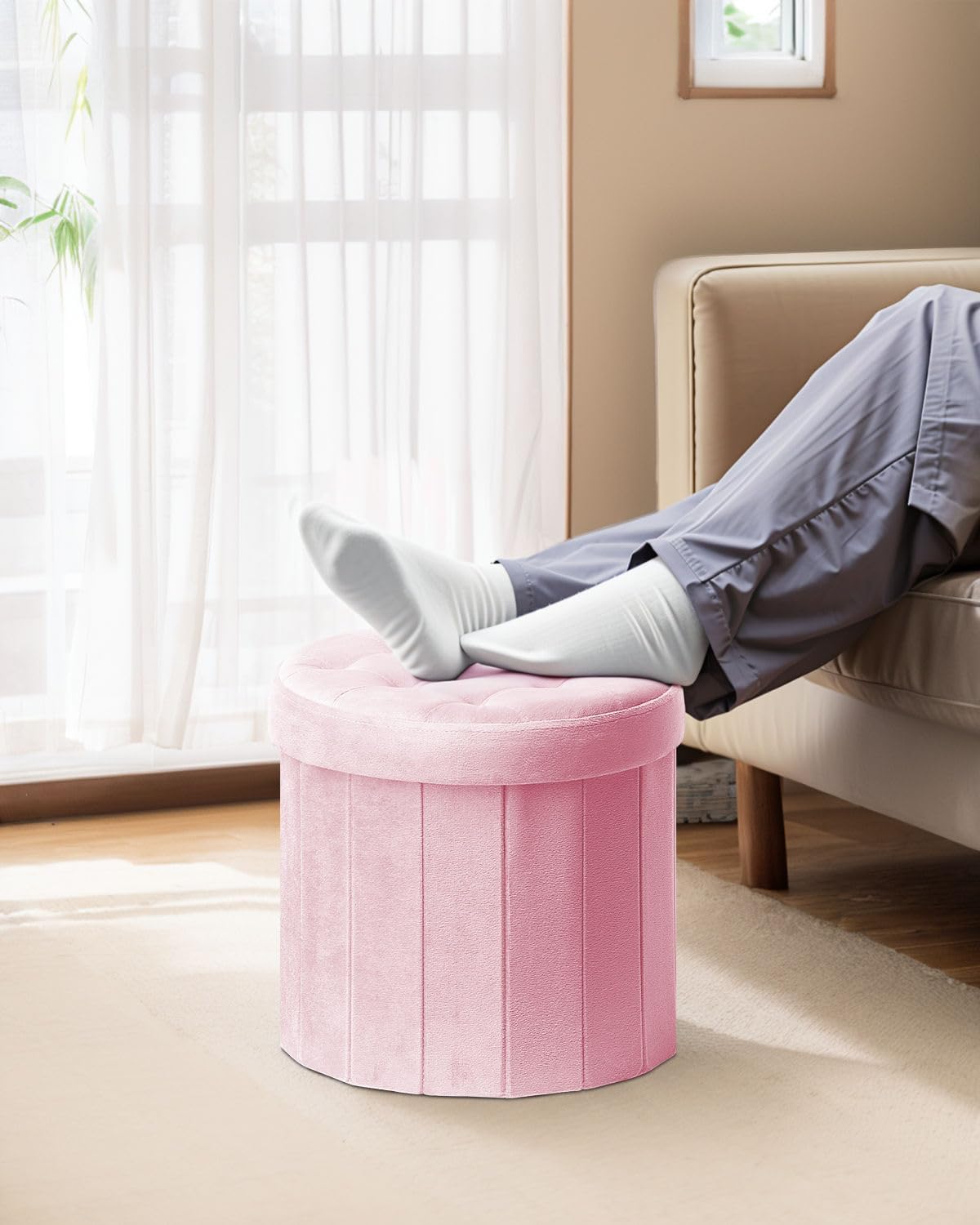 Bsketa Round Storage Ottoman, 14" Folding Velvet Foot Stool,Pink 2 Pack