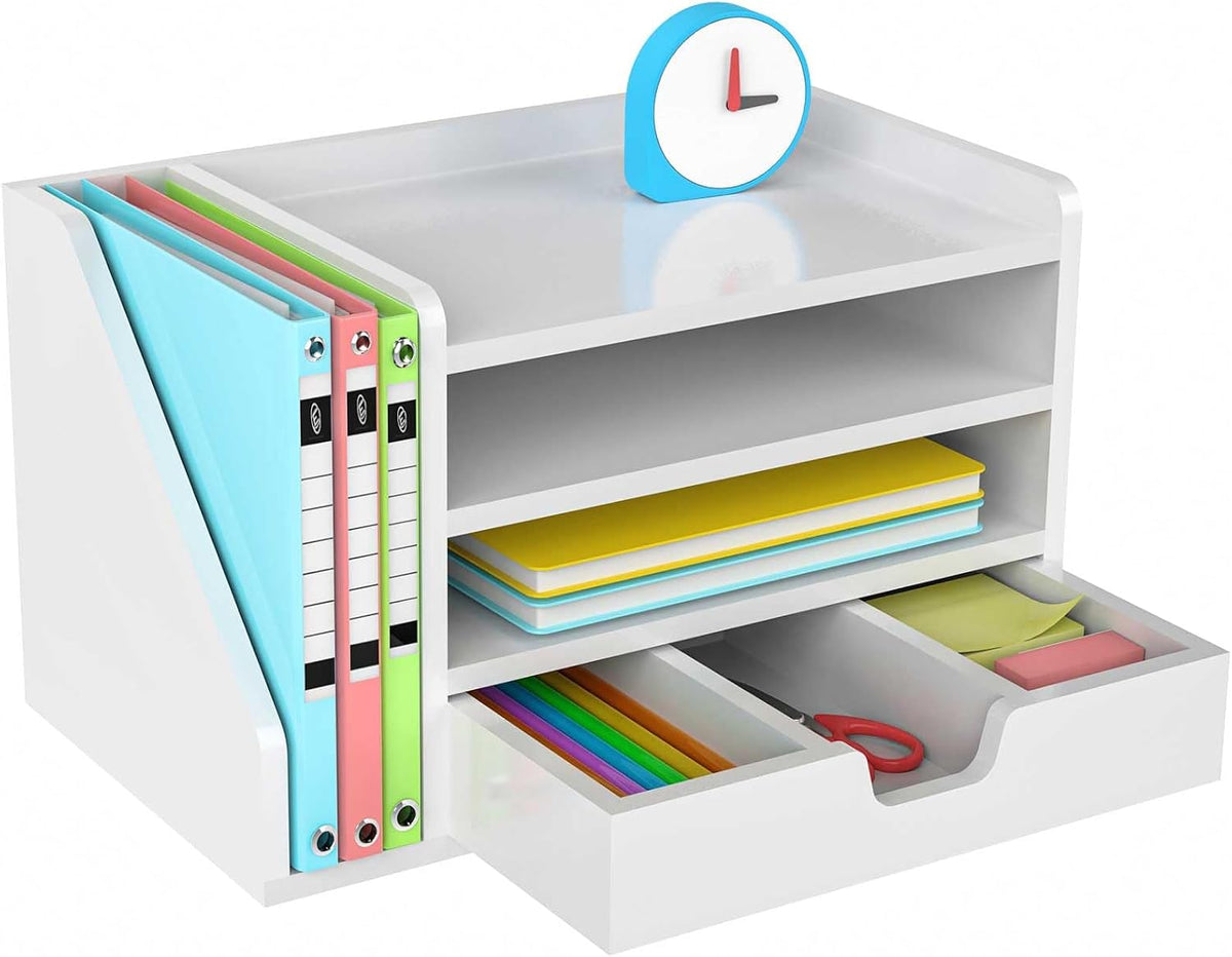 Multi-Tier Wood Desk File Organizer with Side File Rack, 3 Tray Shelves &...