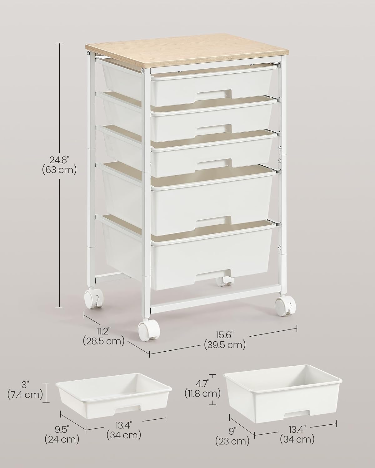 VASAGLE Rolling Cart with Drawers,5 Drawers Storage Cart, White