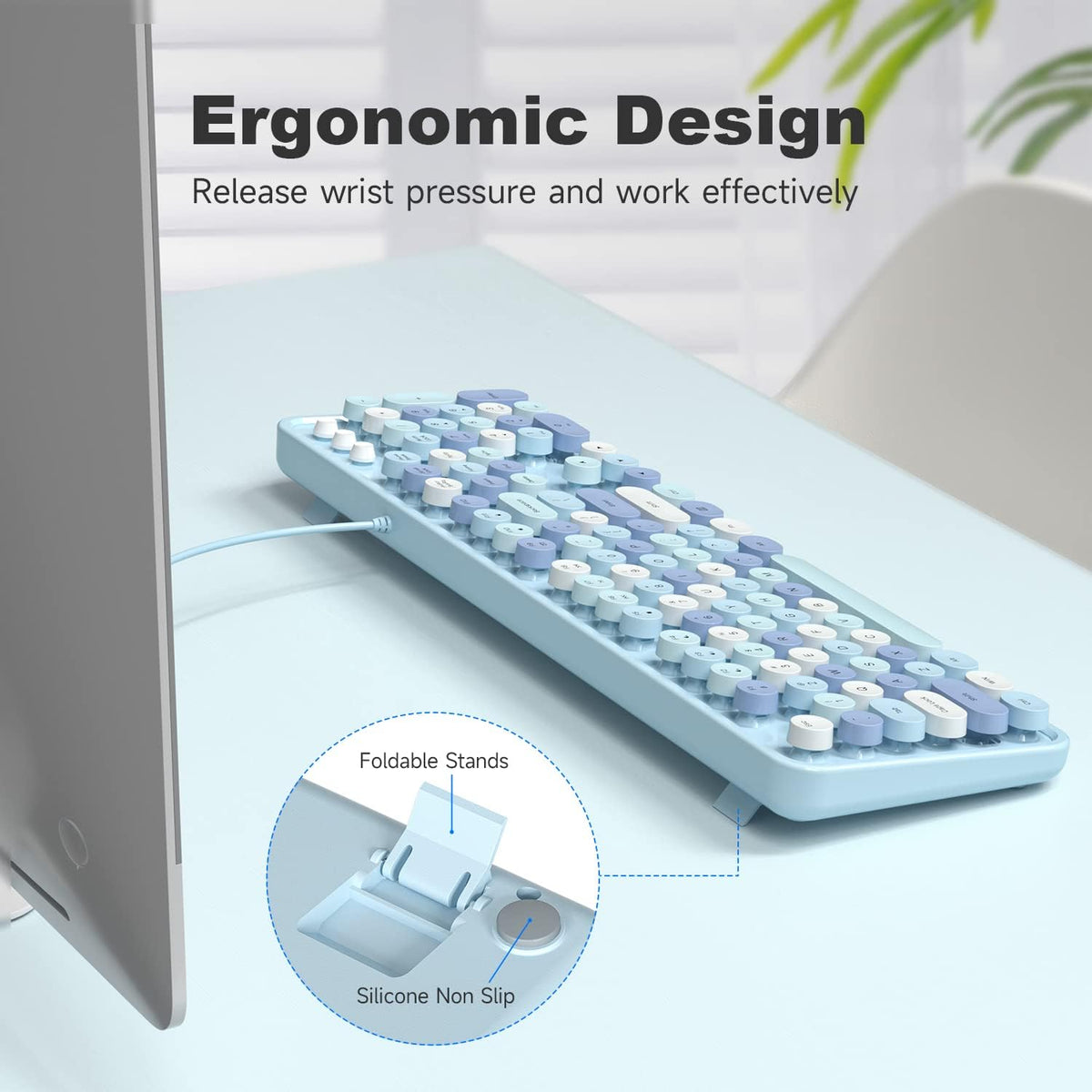 MOWUX Computer Keyboard Wired, Plug and Play USB Retro Round Typewriter Keybo...