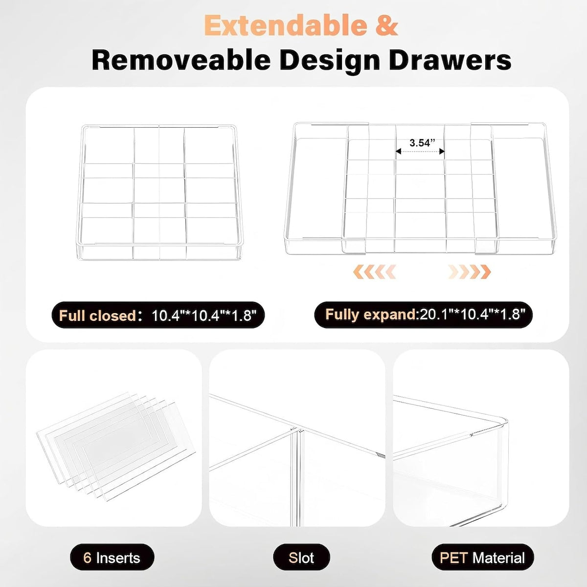 Acrylic Expandable Desk Drawer Organizer with 11 Adjustable Compartments