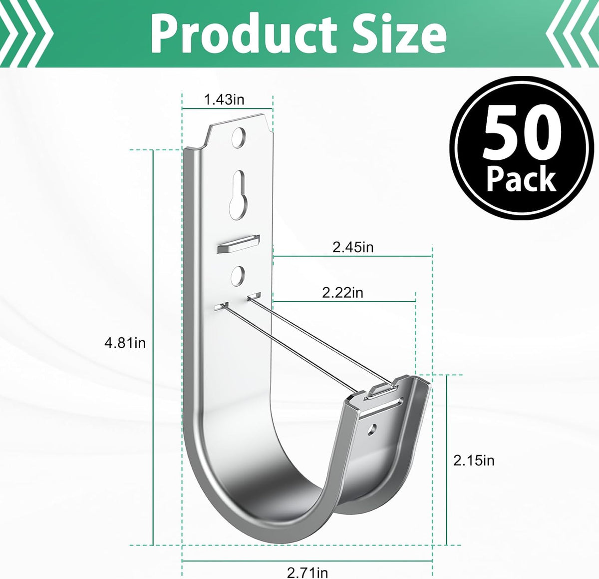 50 Pack 2 Inch Cable Support J Hook Wall Mount J Hook with Retainer Clip, Gal...