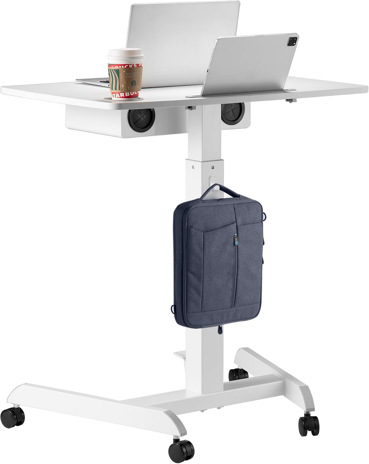 AVLT 44" Height Adjustable Foot Pedal Rolling Desk with Shelf White