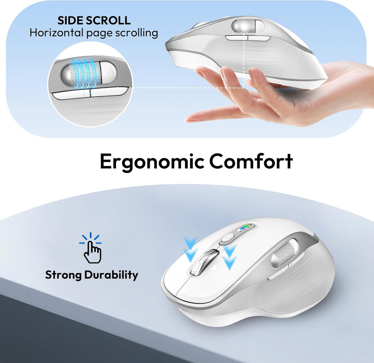 Rechargeable Wireless Mouse with Side Scroll Bluetooth Mouse -White