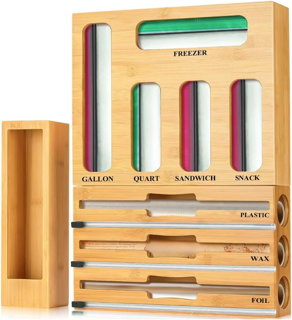 9 in 1 Storage Bag Organizer for Kitchen Drawer, Bamboo Foil and Plastic Wrap...