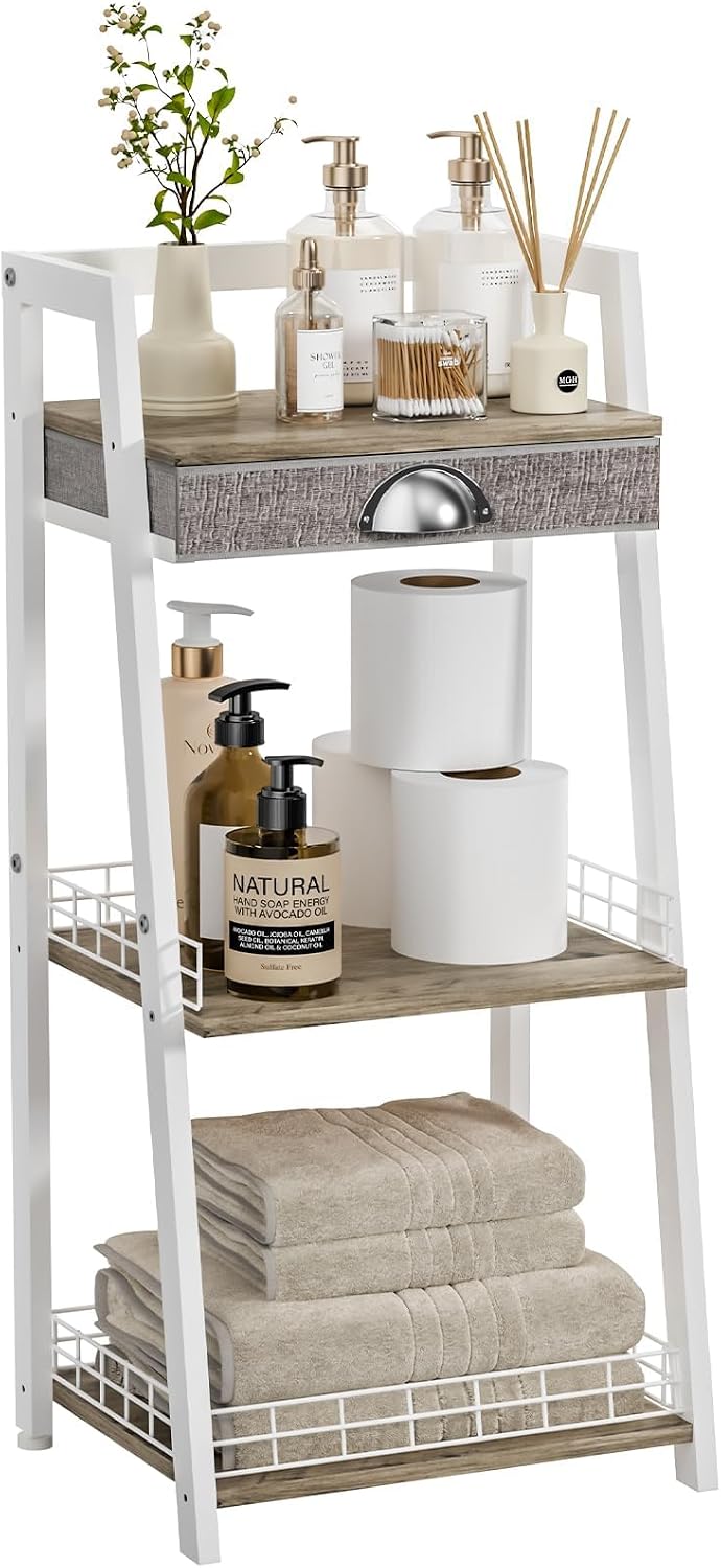 keomaisyto 3-Tier Small Bathroom Shelves with Drawer, Floor Storage Shelf, Sm...