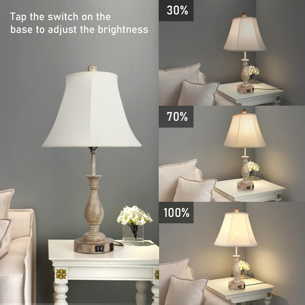 LALISU Farmhouse Table Lamp Touch Control 3-Way Table Lamp with USB Charge