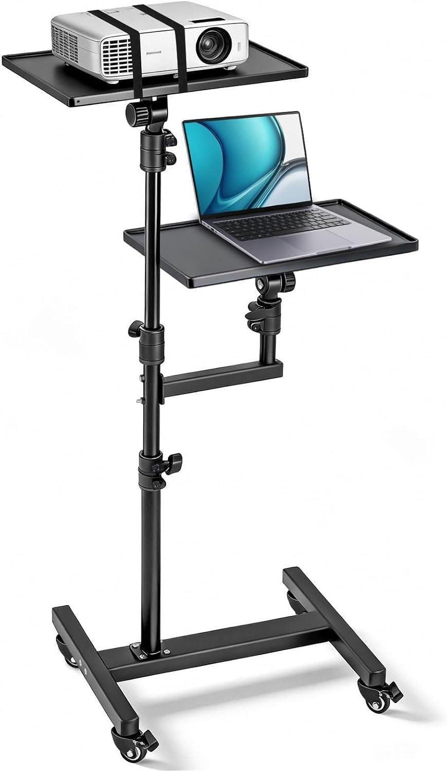 CAHAYA Projector Stand Tripod Adjustable - Mobile Laptop Stand with 2 Shelves...