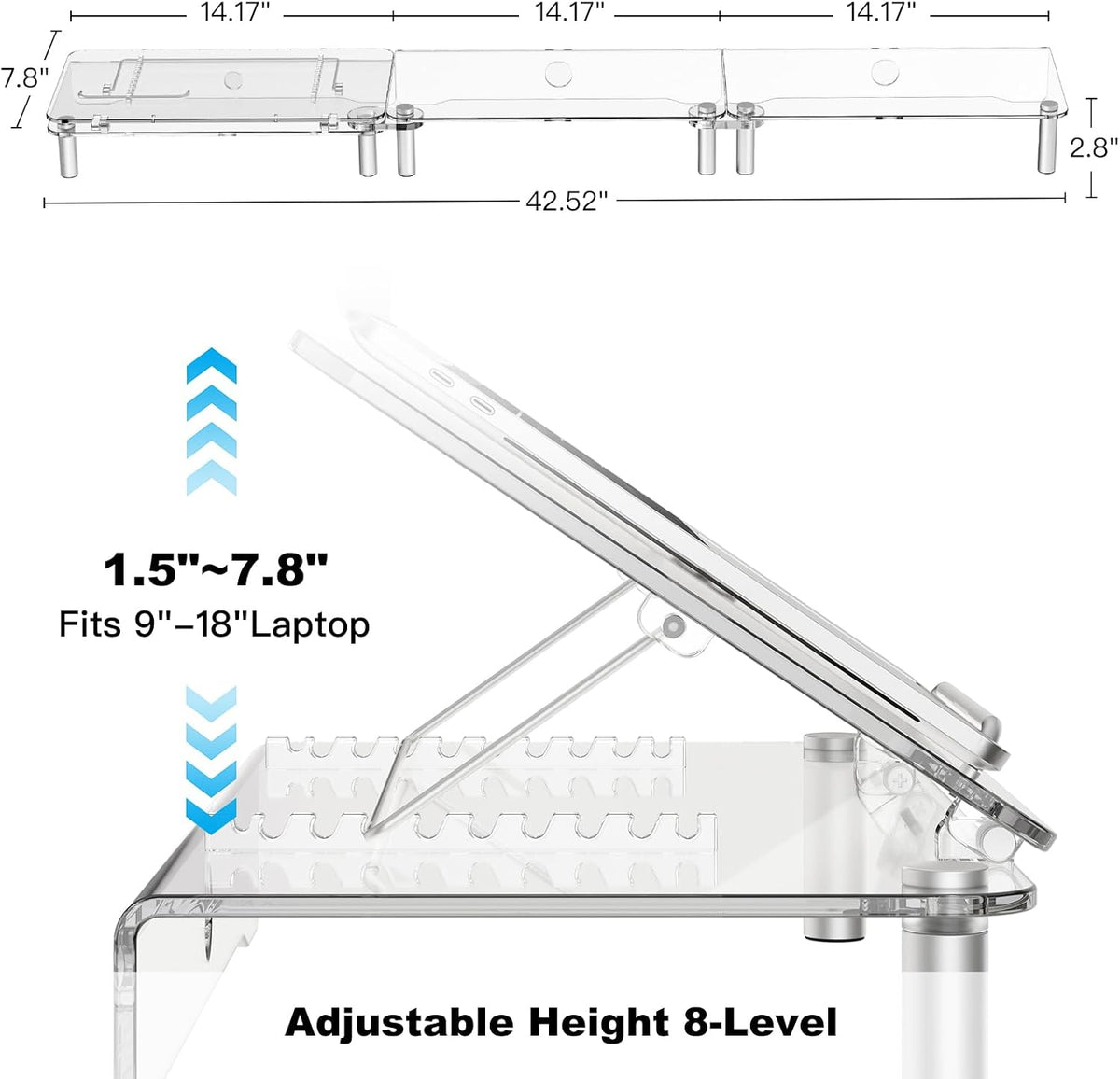 Clear Acrylic Dual Monitor Stand Riser,Laptop Riser Adjustable to 8 Angles