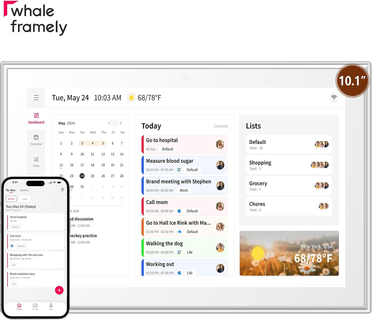 Whale Framely 10.1 Inch Digital Wall Calendar, Smart Family Schedule & Ch...