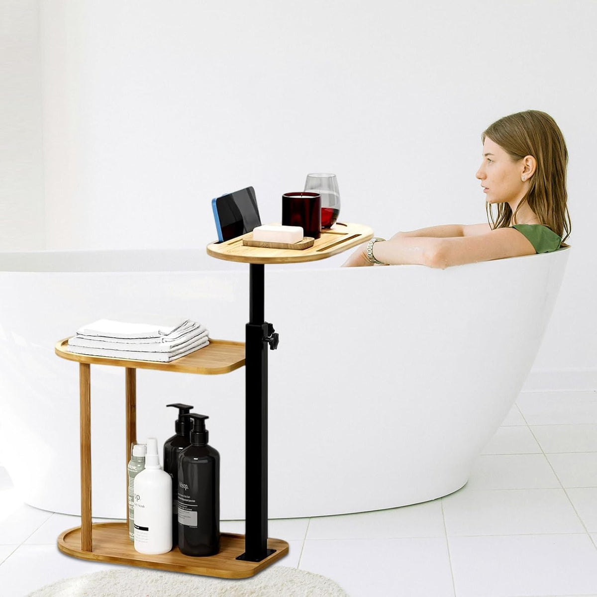 3 Layer Bathtub Tray Table,Bamboo Swivel Bathtub Side Table Height Adjustable...