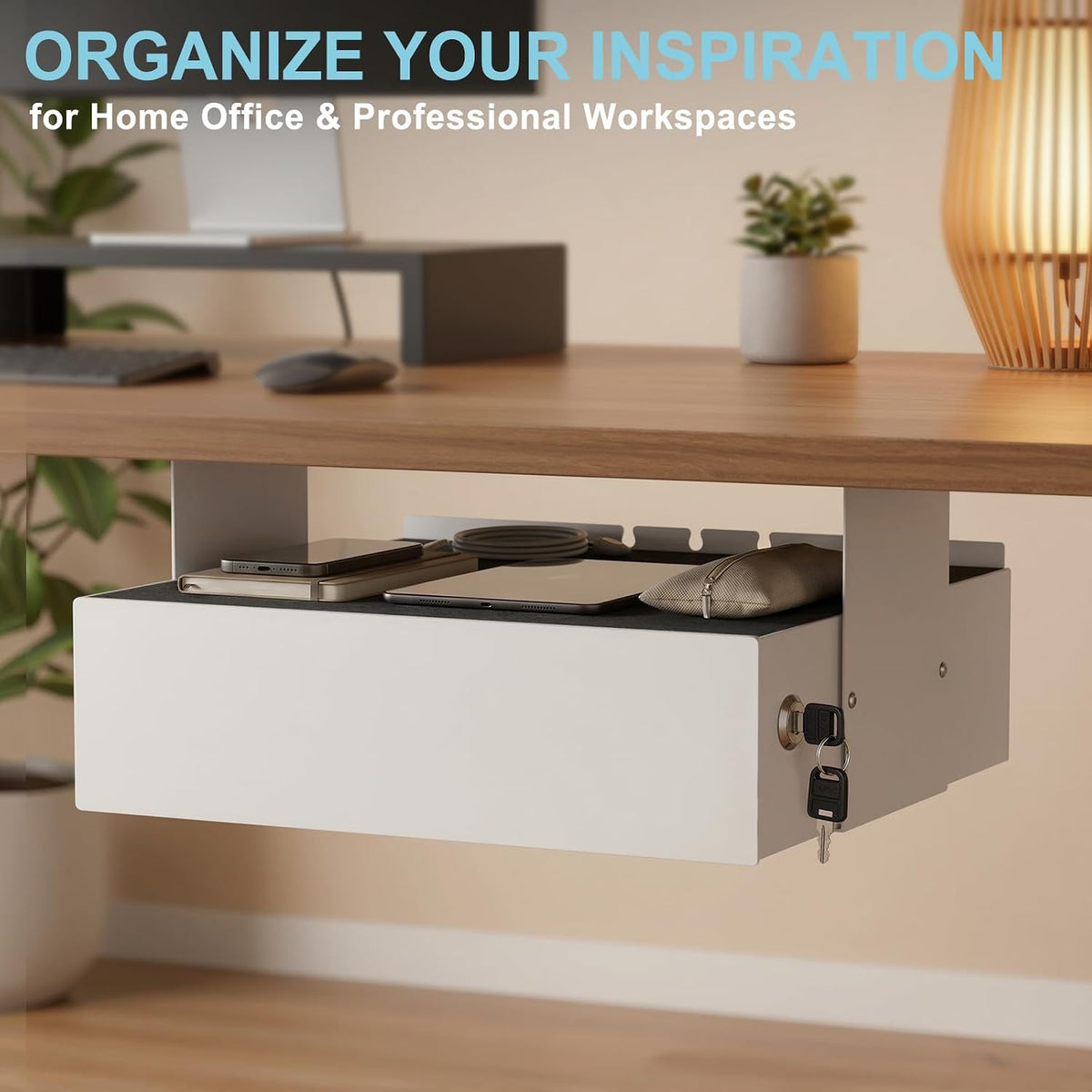 Under Desk Drawer with Lock, 13 Inch Slide-Out Metal Storage Drawer with Brac...