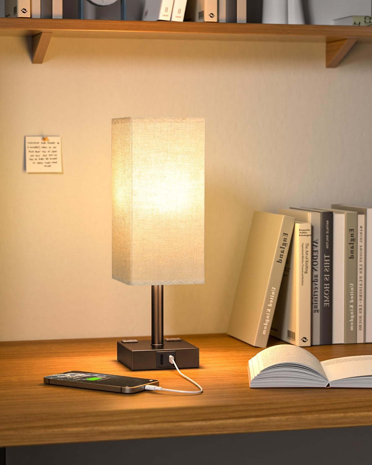 Brown Touch Table Lamp for Bedroom - Dimmable, USB C+A, 2 AC Outlets