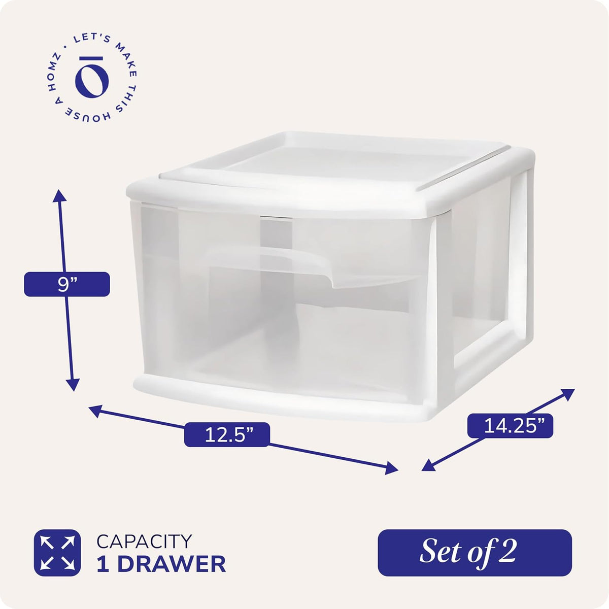 HOMZ 1 Drawer Storage Cart, Medium Plastic Container, White Frame, 2 Pack