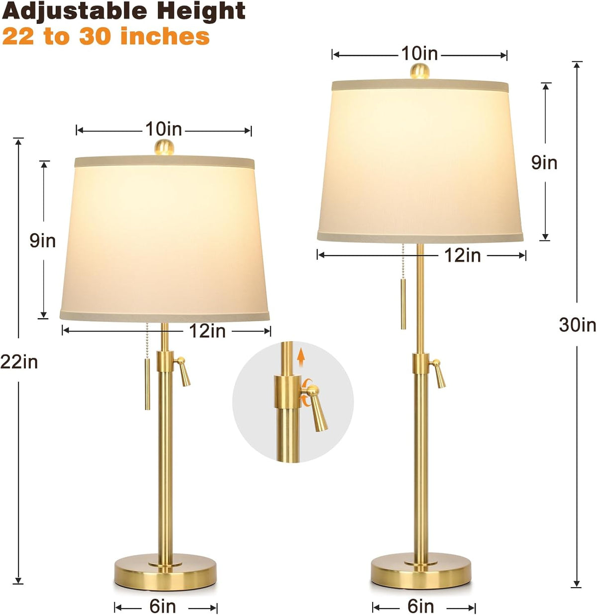 JUNNAI 2 Pack 22"-30" Adjustable Height Table Lamps Set, Modern Gol...
