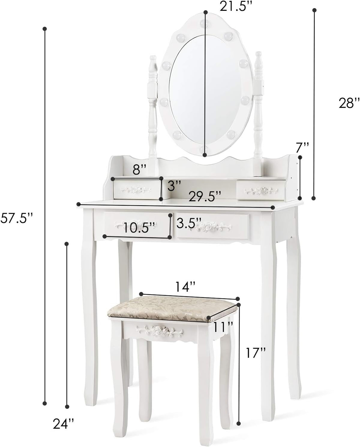 CHARMAID Makeup Vanity Table with 10 LED Lights, 4 Drawers, Storage Shelf, Ro...